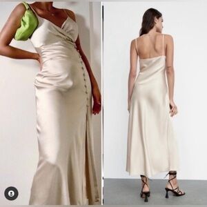 Zara Champagne Formal Strappy Silky Satin Chemise Midi Maxi Dress M 6